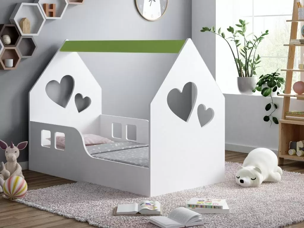 Pat pentru copii Happy Babies House Heart L01 70x140cm, alb/verde