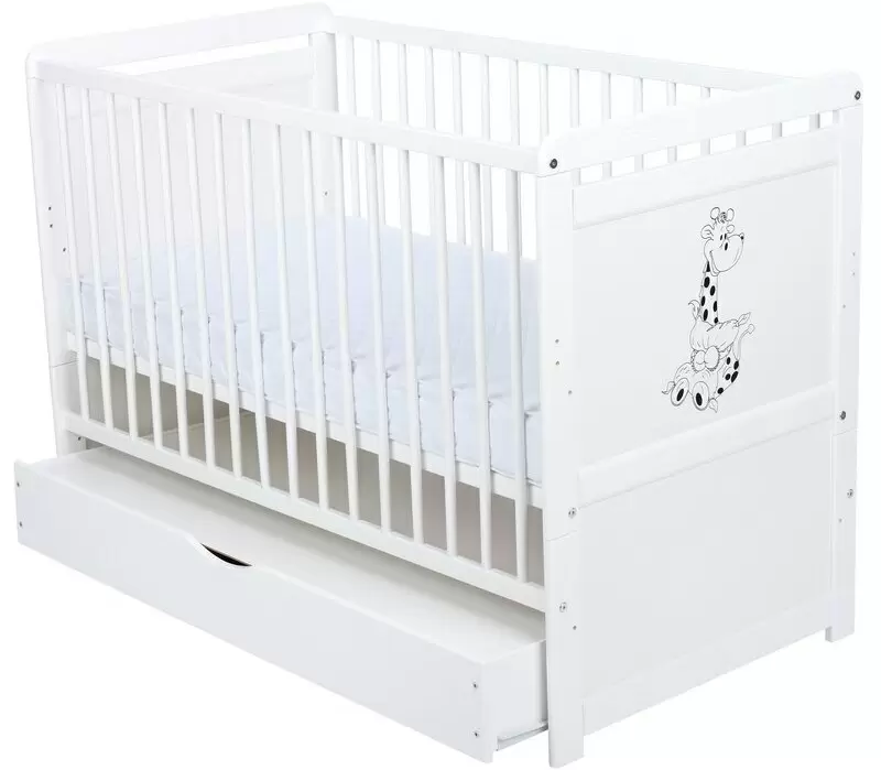 Pătuţ BabyNeeds Nadia II Girafa + saltea 10cm + sertar, alb