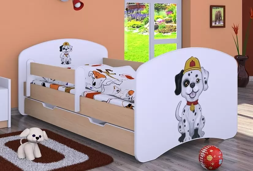 Pat pentru copii Happy Babies Happy Fire Dog L04 cu sertar 80x160cm, alb/light pear