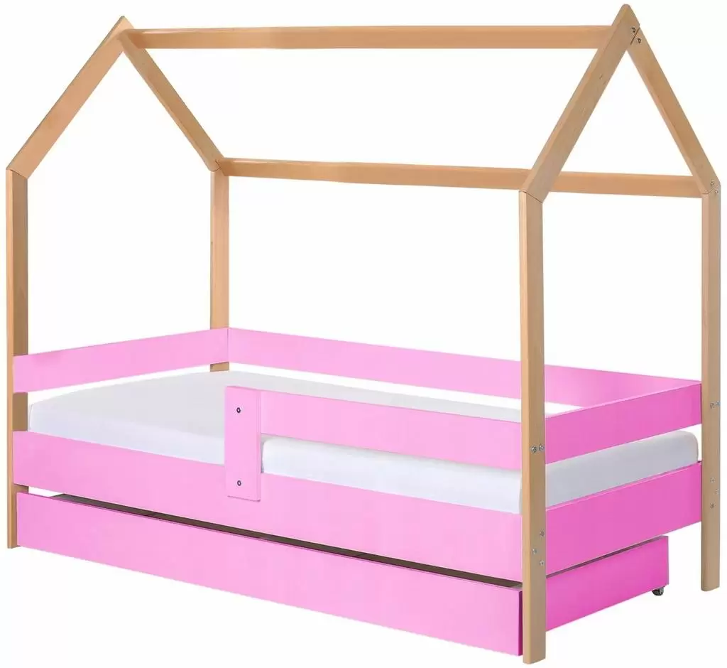 Pat pentru copii BellaLuni Domek 80x180cm cu sertar/saltea, fag/roz