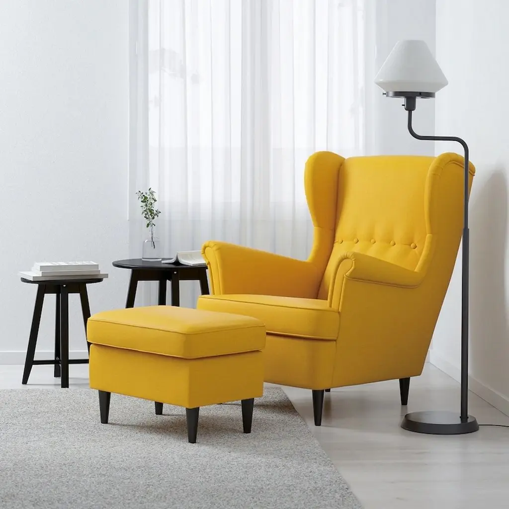 Fotoliu IKEA Strandmon cu brațe, skiftebo galben pe tehnoparc.md Fotoliu IKEA Strandmon cu brațe, skiftebo galben