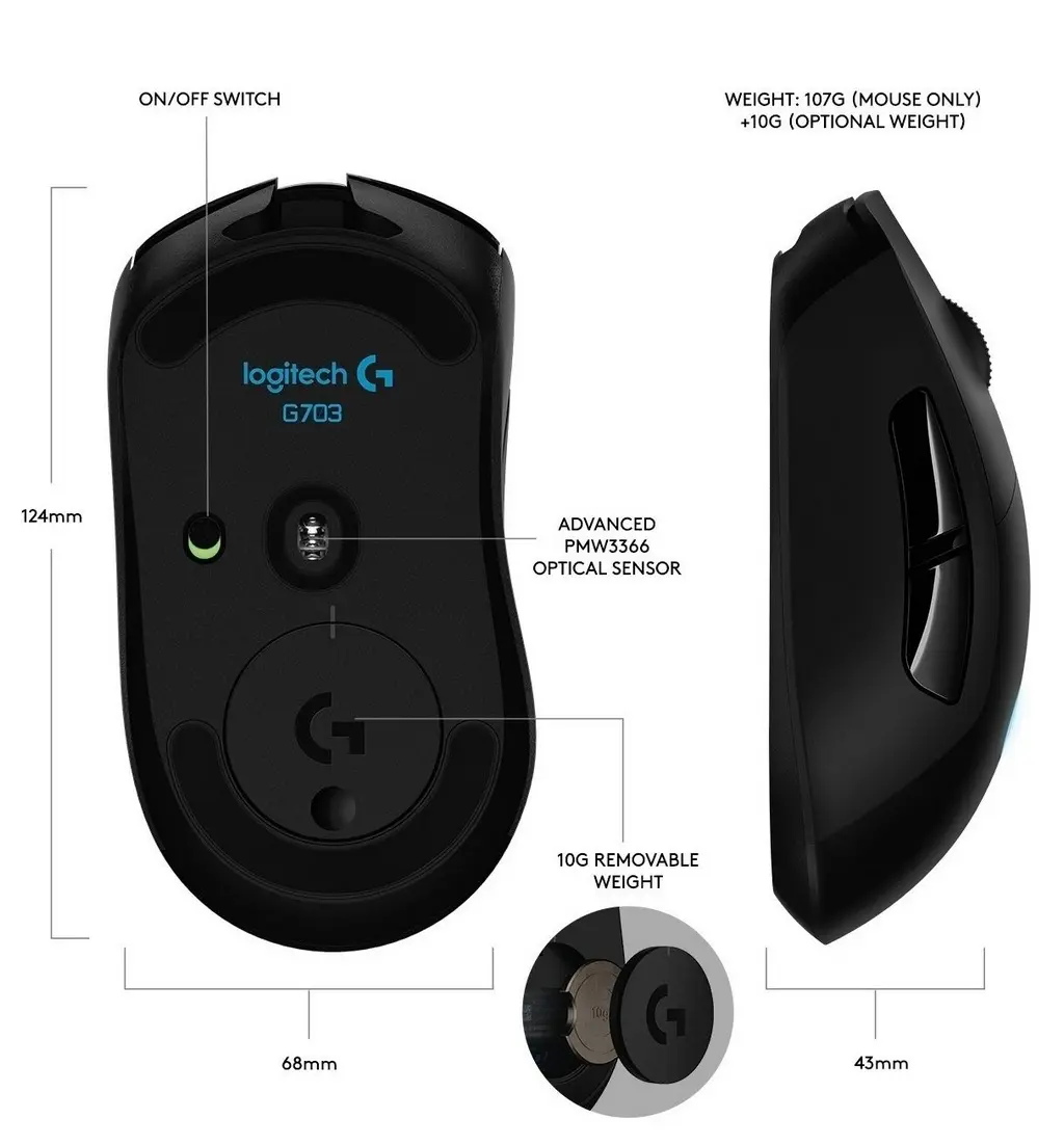 Мышка Logitech G703 Lightspeed Wireless Gaming Mouse, черный