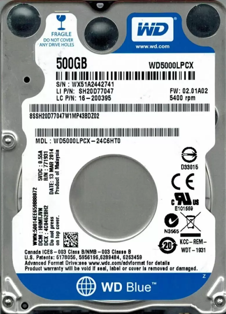 Жесткий диск WD Blue 2.5" WD5000LPCX, 500GB