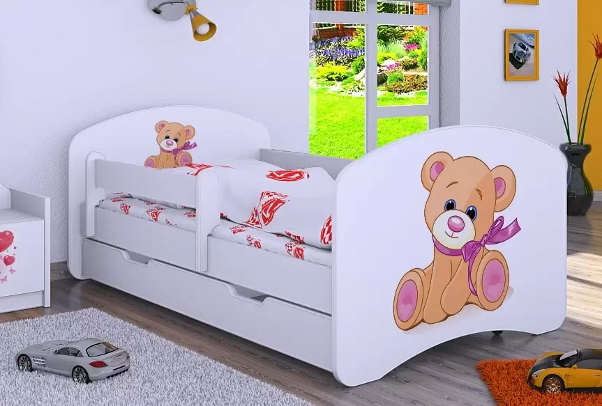 Pat pentru copii Happy Babies Happy Bear with Bow L04 cu sertar 80x160cm, alb