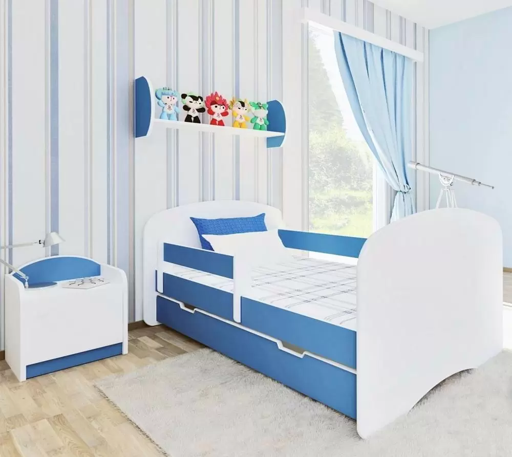 Pat pentru copii BellaLuni Happy 90x180cm cu sertar/saltea, alb/albastru