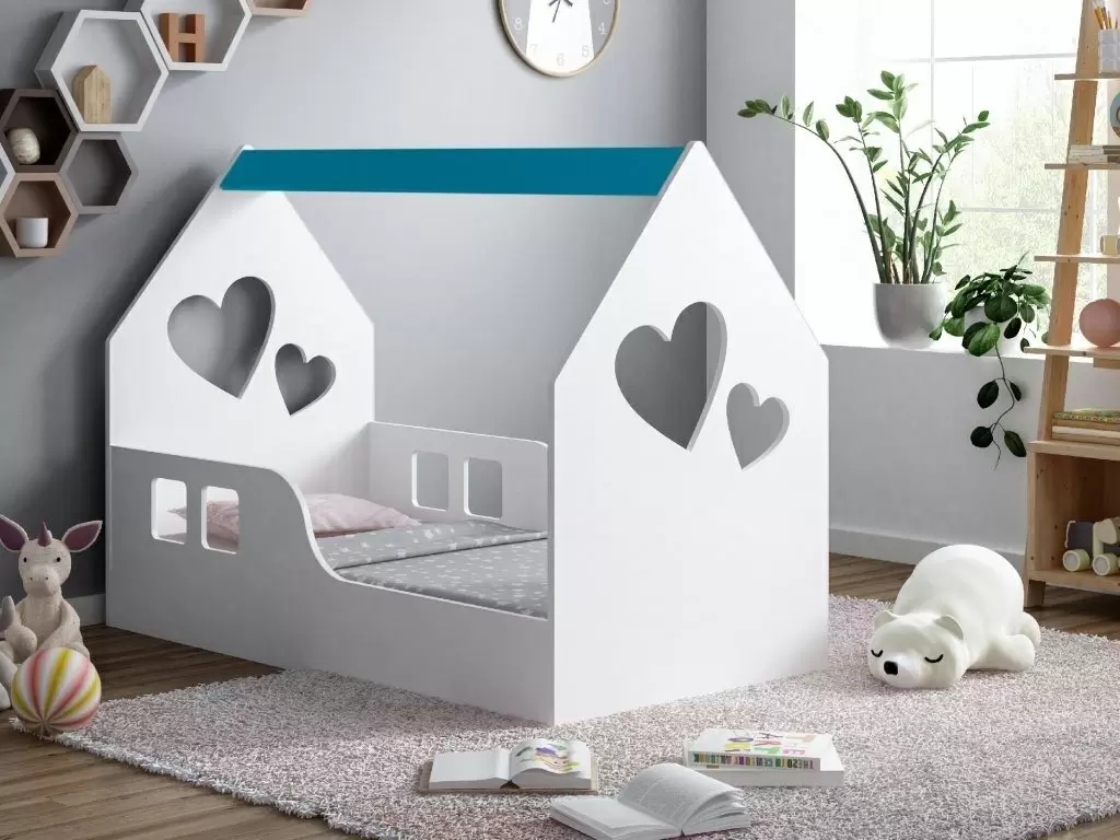 Pat pentru copii Happy Babies House Heart L01 70x140cm, alb/albastru