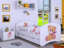 Pat pentru copii Happy Babies Happy Bear with Bow L04 cu sertar 80x160cm, alb