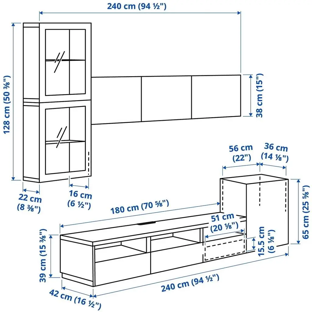 Living IKEA Besta/Lappviken sticlă/șină sertar cu închidere lină 300x42x211cm, alb