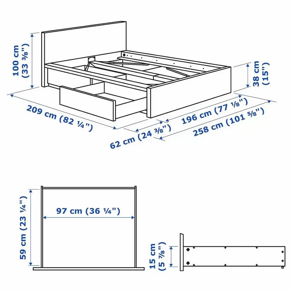 Pat IKEA Malm/Luroy 2 cutii de depozitare 180x200cm, alb