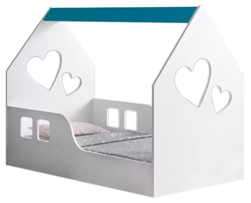 Pat pentru copii Happy Babies House Heart L01 70x140cm, alb/albastru