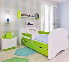 Pat pentru copii BellaLuni Happy 90x180cm cu sertar/saltea, alb/verde
