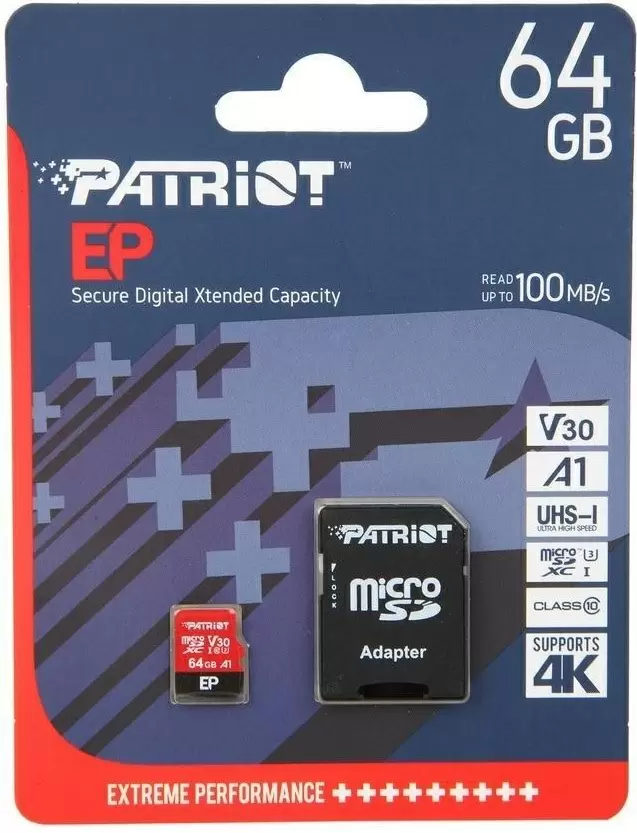 Карта памяти Patriot EP Series MicroSDXC V30 + SD adapter, 64GB