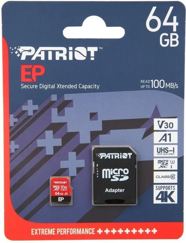 Card de memorie flash Patriot EP Series MicroSDXC V30 + SD adapter, 64GB