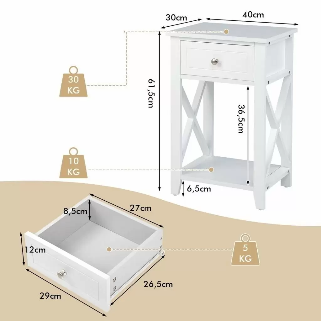 Noptieră Costway HW66695WH, alb