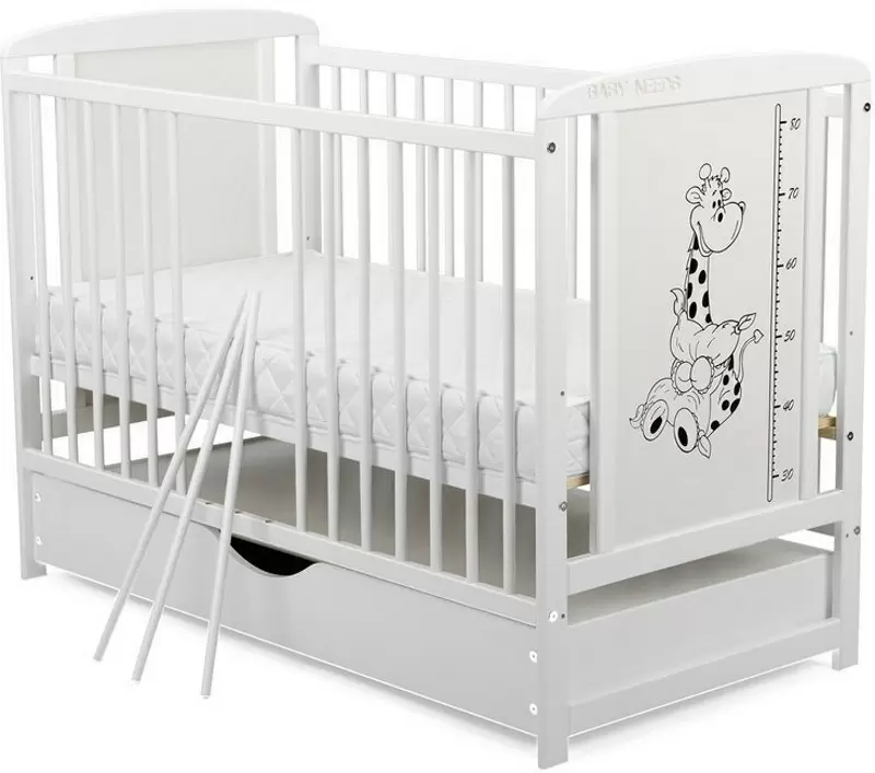 Кроватка BabyNeeds Timmi Girafa + матрас 12см + ящик, белый