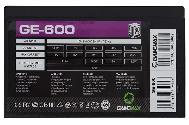 Sursă de alimentare Gamemax Eco Gamer GE-600, 80+