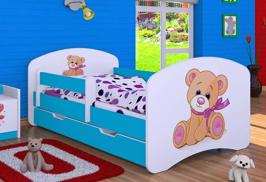 Pat pentru copii Happy Babies Happy Bear with Bow L04 cu sertar 80x160cm, alb/albastru
