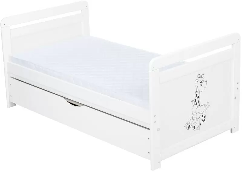 Pătuţ BabyNeeds Nadia II Girafa + saltea 10cm + sertar, alb