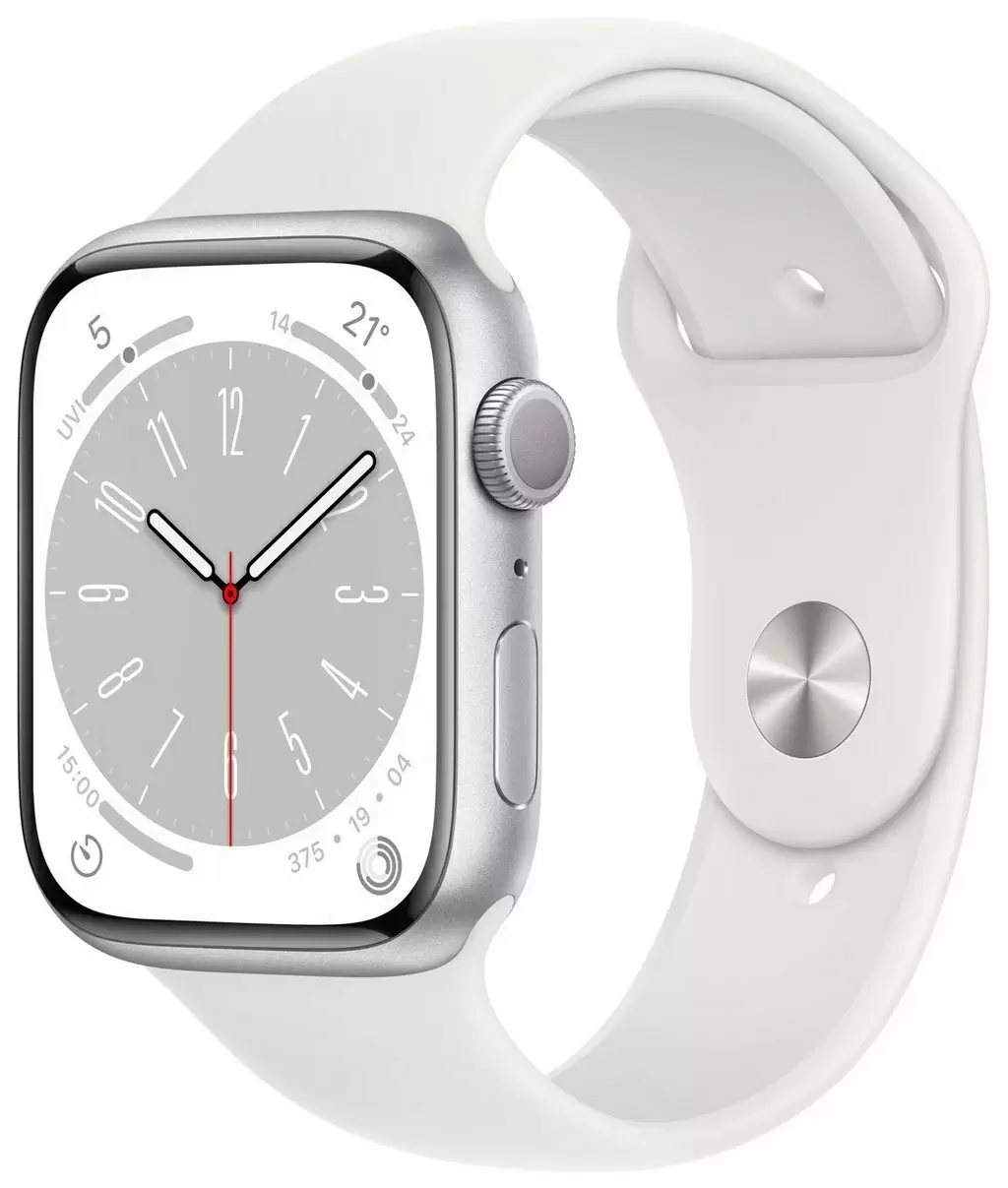 Умные часы Apple Watch Series 8 45мм, корпус из алюминия, спортивный ремешок серебристый