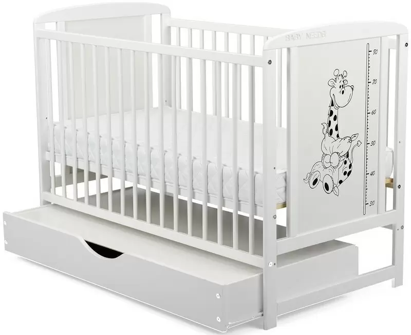 Pătuţ BabyNeeds Timmi Girafa + saltea 12cm + sertar, alb