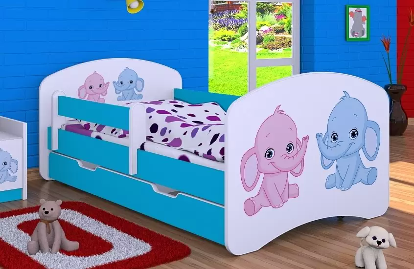 Детская кровать Happy Babies Happy Elephants L04 с ящиком 80x160см, белый/синий