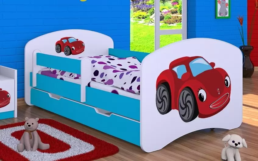 Pat pentru copii Happy Babies Happy Fairy Car L02 cu sertar 70x140cm, alb/albastru