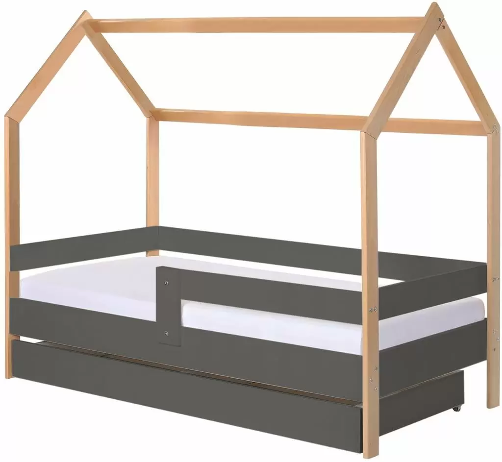 Детская кровать BellaLuni Domek 80x180см с ящиком/матрасом, бук/графит