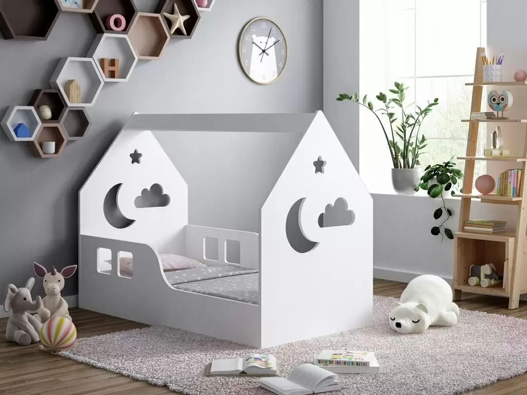 Pat pentru copii Happy Babies House Cloud L01 70x140cm, alb