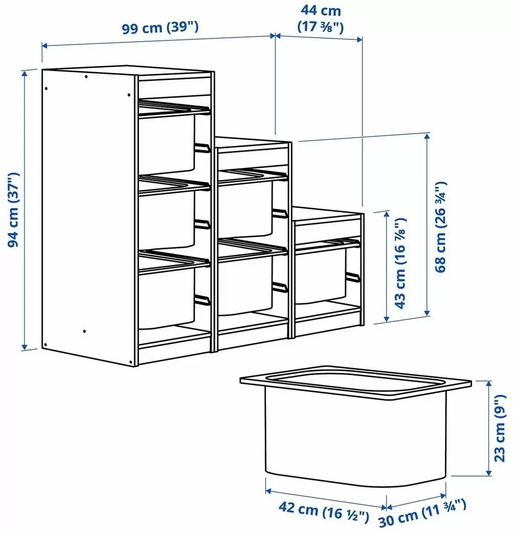 Etajeră cu containere pentru jucării IKEA Trofast 99x44x94cm, alb/turcoaz