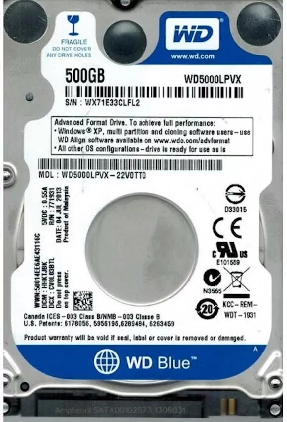 Жесткий диск WD Blue 3.5" WD5000LPVX-NP, 500ГБ