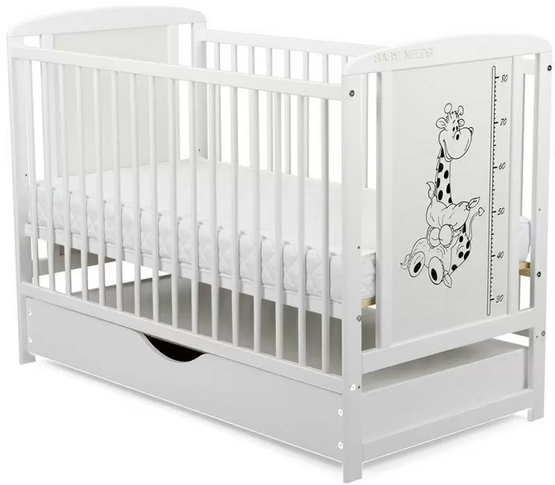 Pătuţ BabyNeeds Timmi Girafa + saltea 12cm + sertar, alb