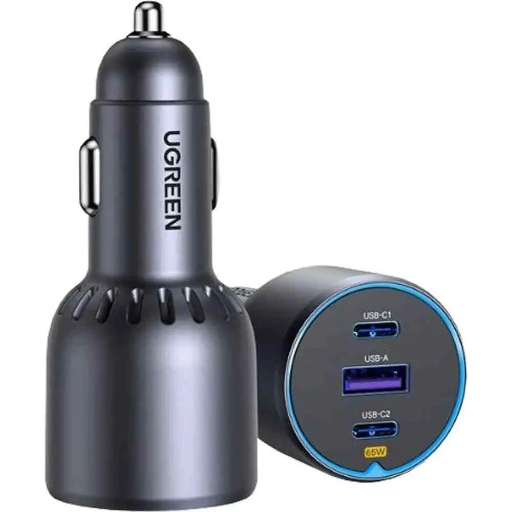 Încărcător auto Ugreen 2xType-C + USB-A Aluminum 75W, gri