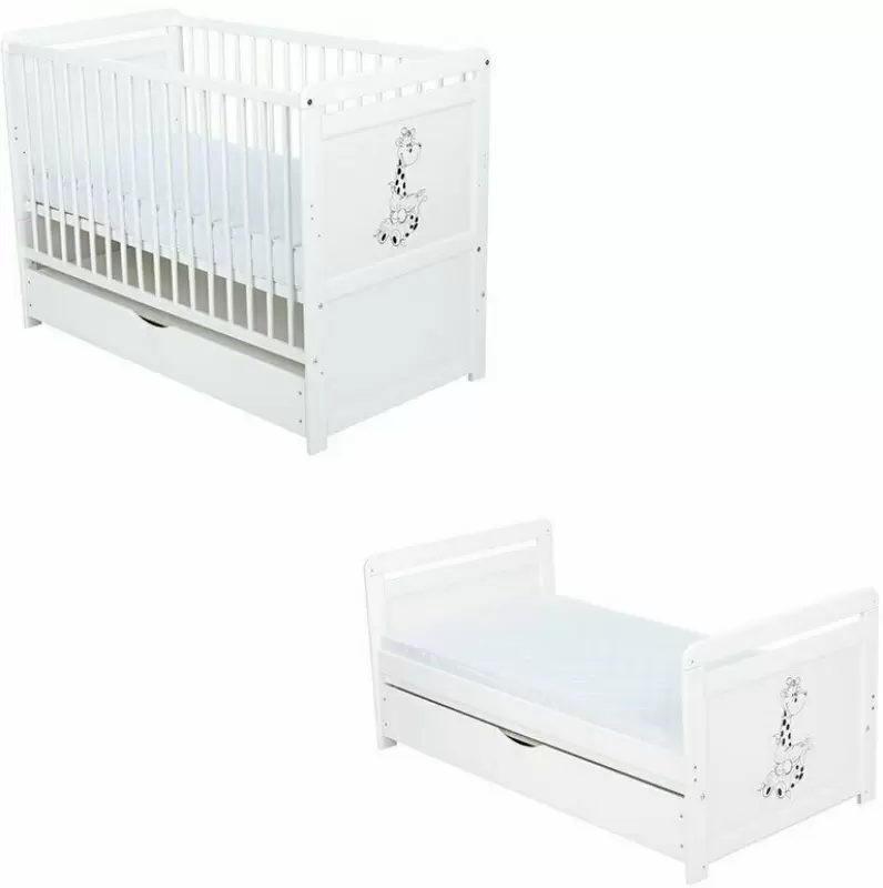 Pătuţ BabyNeeds Nadia II Girafa + saltea 10cm + sertar, alb