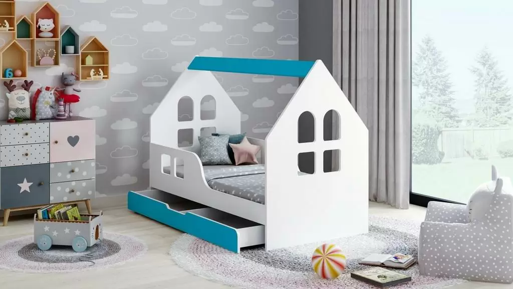 Детская кровать Happy Babies House Windows L04 80x160см, белый/синий